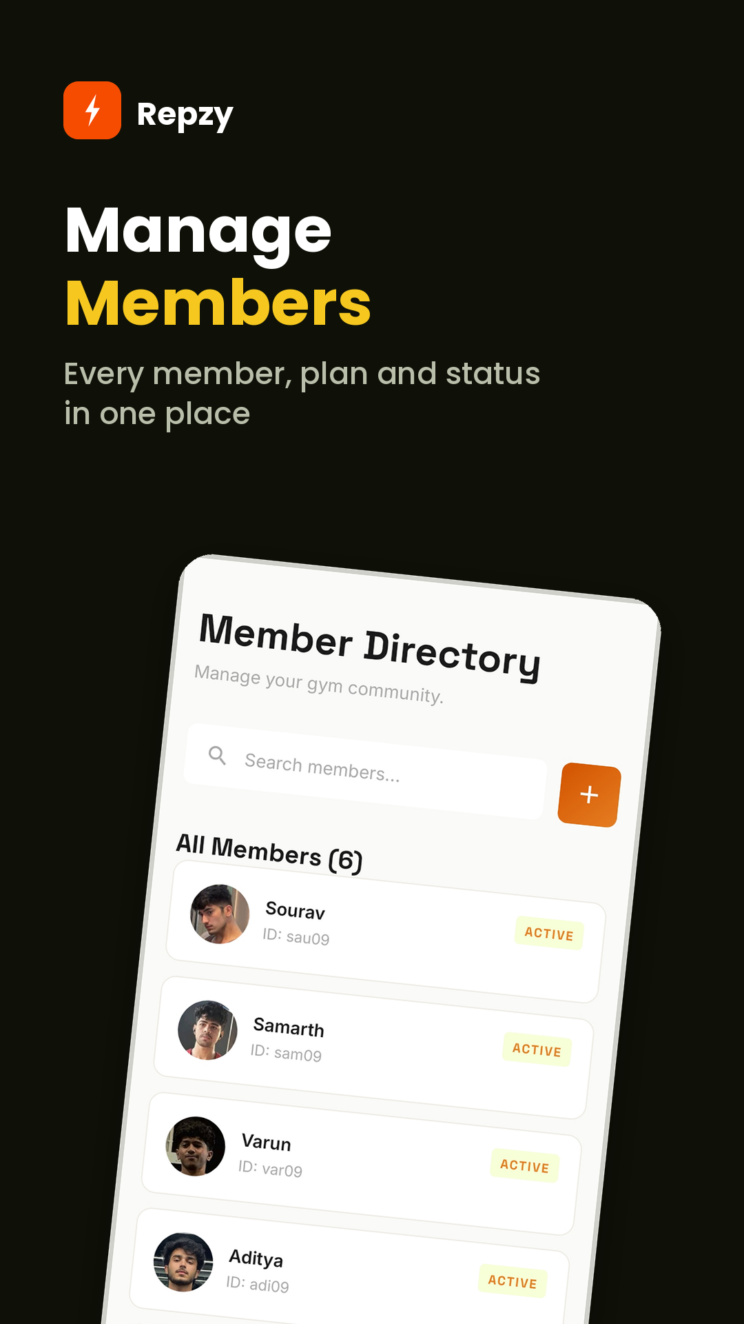 Member directory with photos and status